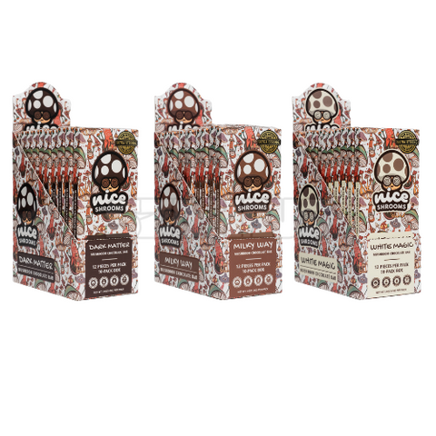 Nice Shrooms Chocolate Bars – 10pk of magic mushroom-infused chocolate in Dark Matter, Milky Way, and White Magic flavors, pre-scored for precise dosing.
